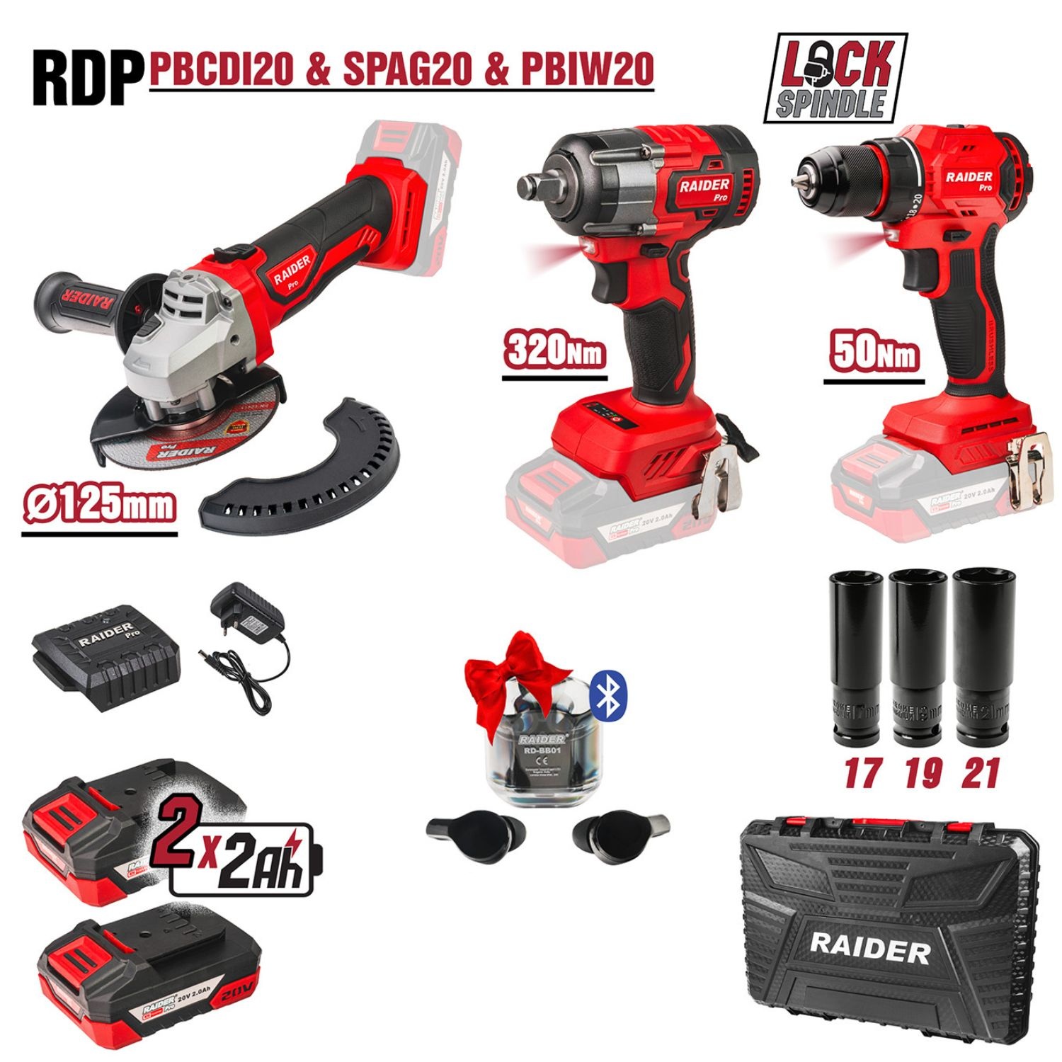 10-6741 RAIDER R20 Σετ Γωνιακός τροχός,δραπανοκατσάβιδο & μπουλονόκλειδο 2x2Ah RDP-PBCDI20&SPAG20&PBIW20 030255 - Image 1
