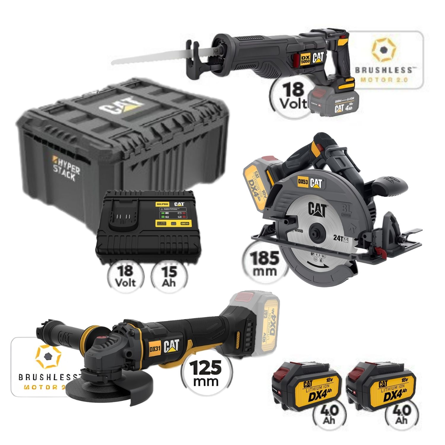 02-5636 CAT Combo-25 Γωνιακός DX314B, Σπαθόσεγα DX5050B, Δισκοπρίονο DX53B, Εργαλειοθήκη DA41003 - Image 1